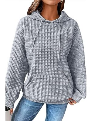 Hoodies For Women Casual Pullover Waffle Long Sleeve Drawstring Hooded Sweatshirt with Pocket