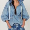 Women Casual Denim Shirt Hoodies Pullover Oversized Jean Jacket Sweatshirt Long Sleeves Half Zip Western Blouse Top