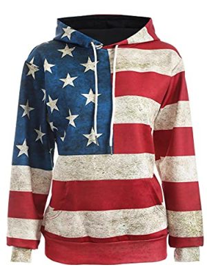 Unisex USA American Flag Print 4th of July Patriotic Long Sleeve Pockets Slim Pullover Hoodie Sweatshirt