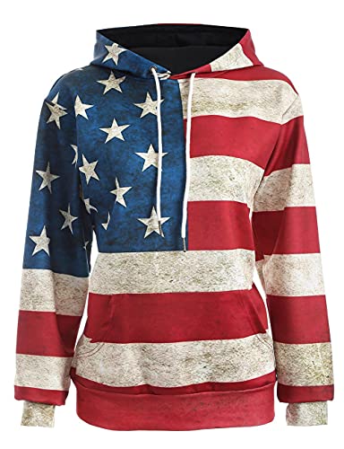 Unisex USA American Flag Print 4th of July Patriotic Long Sleeve Pockets Slim Pullover Hoodie Sweatshirt