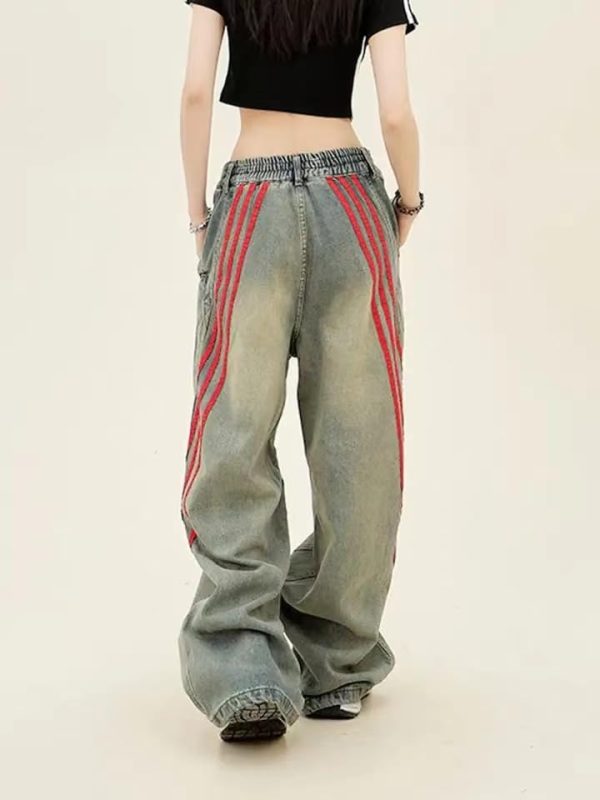 Vintage Grunge Red Striped Wide Leg High Waist Jeans Patchwork Harajuku Hip Hop Casual Trendy Y2k Baggy Pants