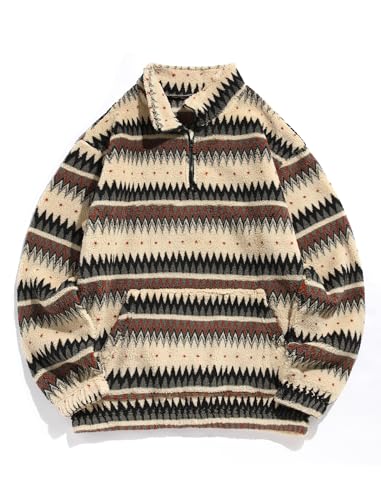 Men 1/4 Zipper Sweatshirt Ethnic Aztec Printed Kangaroo Pocket Fall Winter Pullovers Jacket Unisex Hoodie Tops