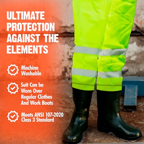 Class 3 Hi-Vis Rain Suit - Waterproof Rain Jacket & Pants | Heavy Duty Rain Gear for Men and Women | Lightweight, Reflective