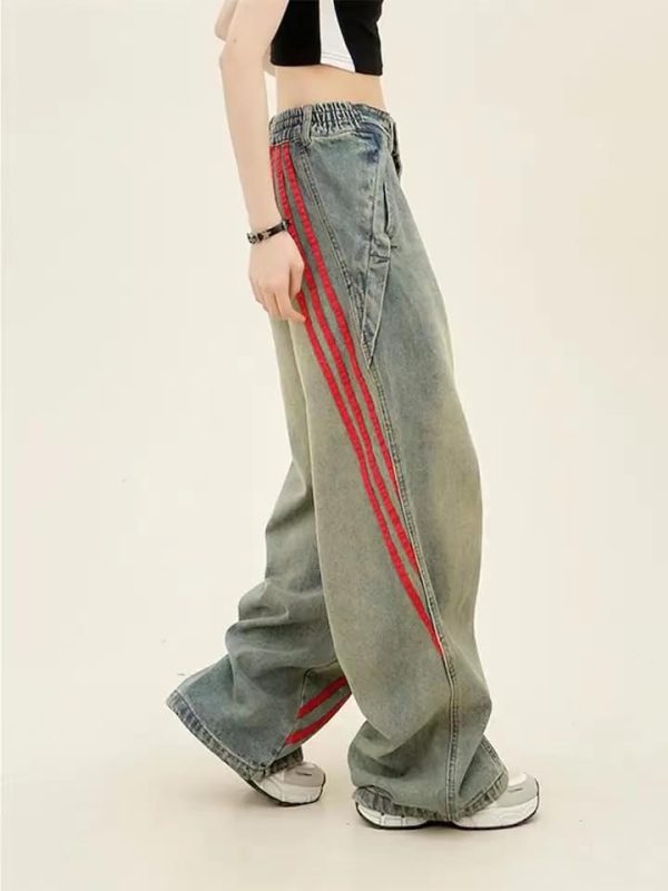 Vintage Grunge Red Striped Wide Leg High Waist Jeans Patchwork Harajuku Hip Hop Casual Trendy Y2k Baggy Pants