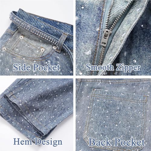 Men Baggy Rhinestone Jeans Wide Leg Denim Pants Vintage Sparkly Pearl Jeans Y2k Oversized Hip Hop Pants for Women