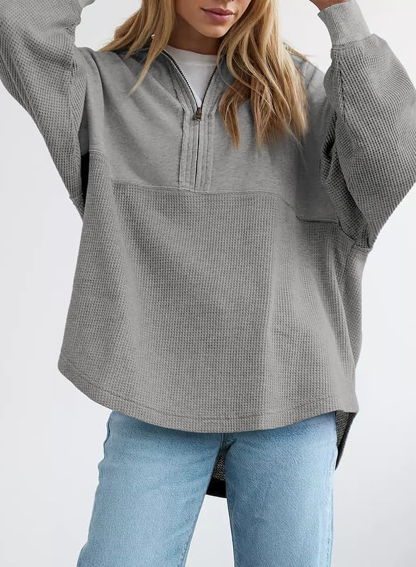 Womens Fall Sweatshirt Casual Waffle Knit Half Zip Pullover Loose Long Sleeve Tops